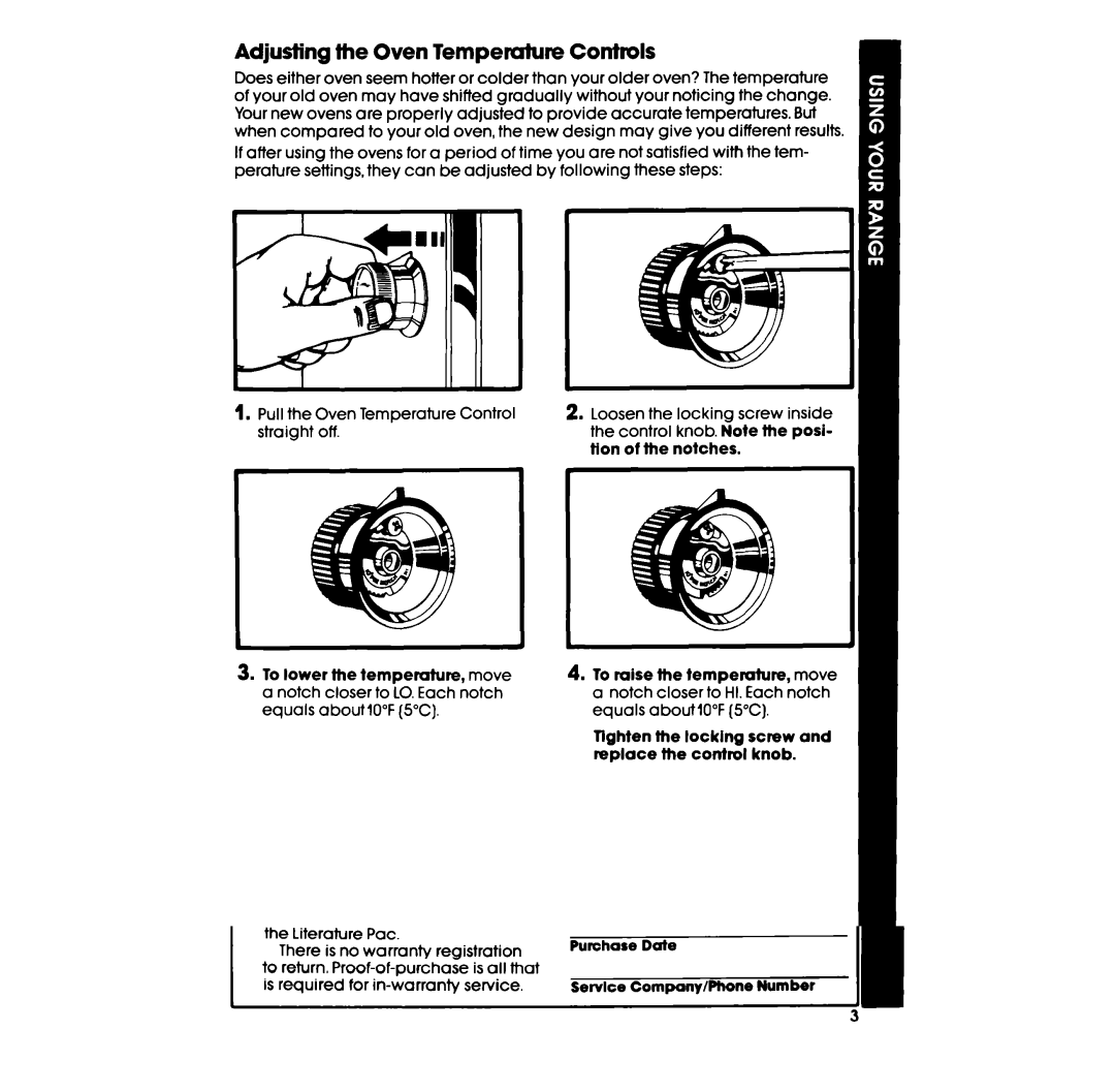 Whirlpool RE953PXP, RE960PXP, RE963PXP manual Adjusting the Oven Temperature Controls, Tion Notches 