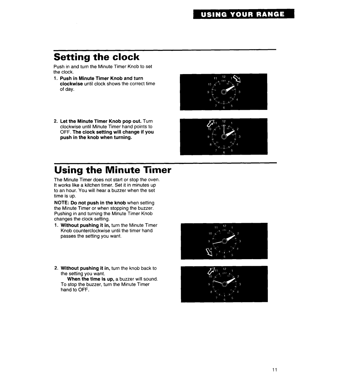 Whirlpool RE960PXY important safety instructions Setting the clock, Using the Minute nmer 