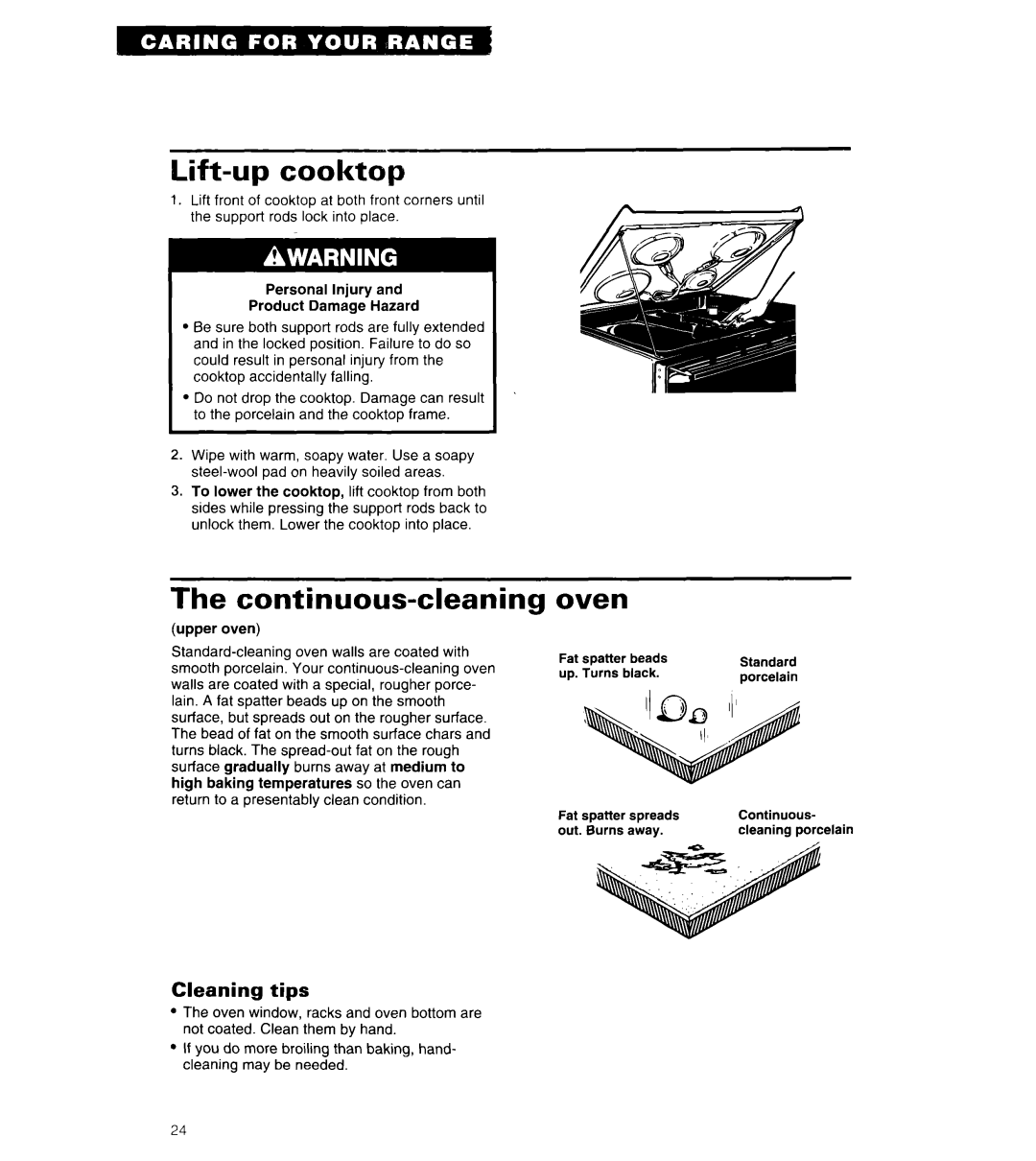 Whirlpool RE960PXY important safety instructions Lift-up cooktop, Continuous-cleaning, Oven, Cleaning tips 