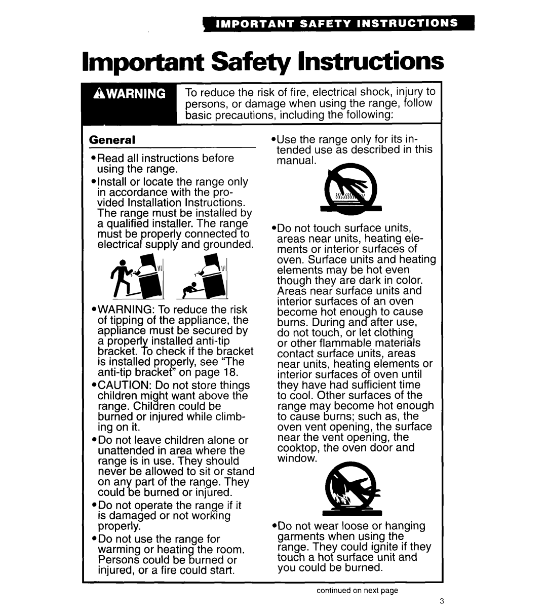 Whirlpool RE960PXY important safety instructions Important Safety Instructions, On next 