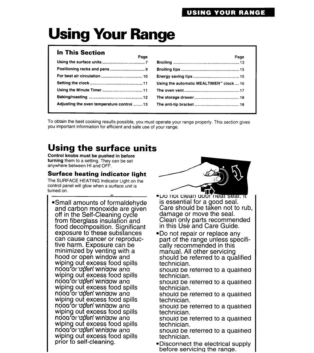 Whirlpool RE960PXY Using Your Range, Using the surface units, This Section, Surface heating indicator light 