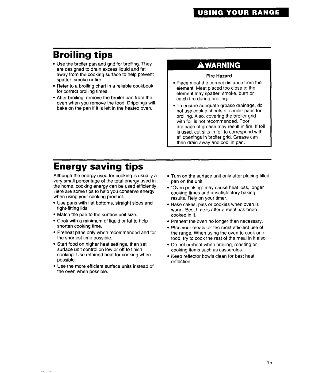 Whirlpool RE960PXY important safety instructions Broiling tips, Energy saving tips 