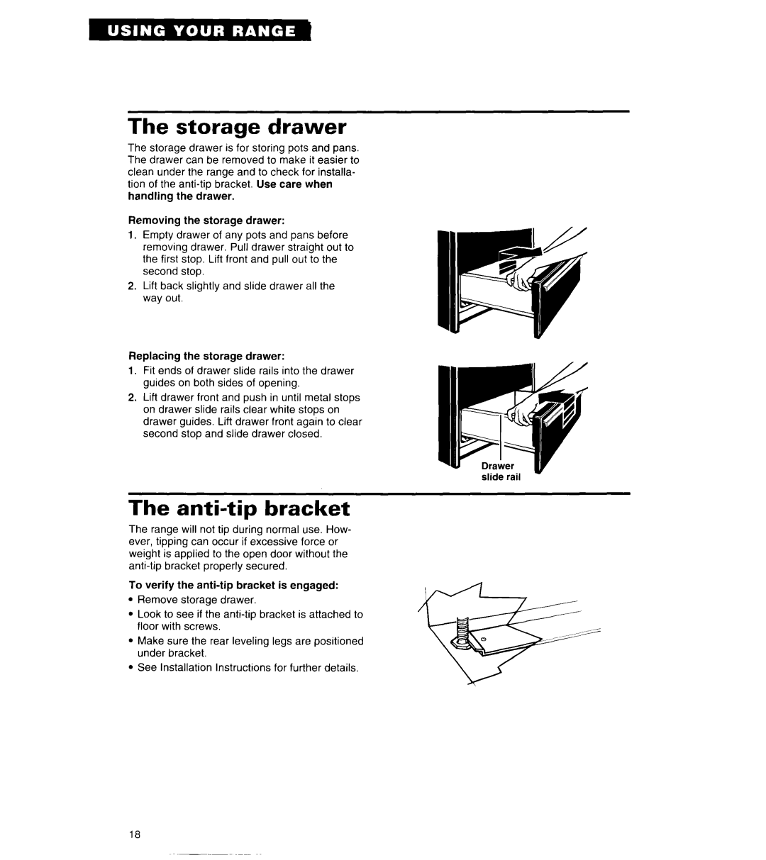 Whirlpool RE960PXY important safety instructions The storage drawer, The anti-tipbracket 