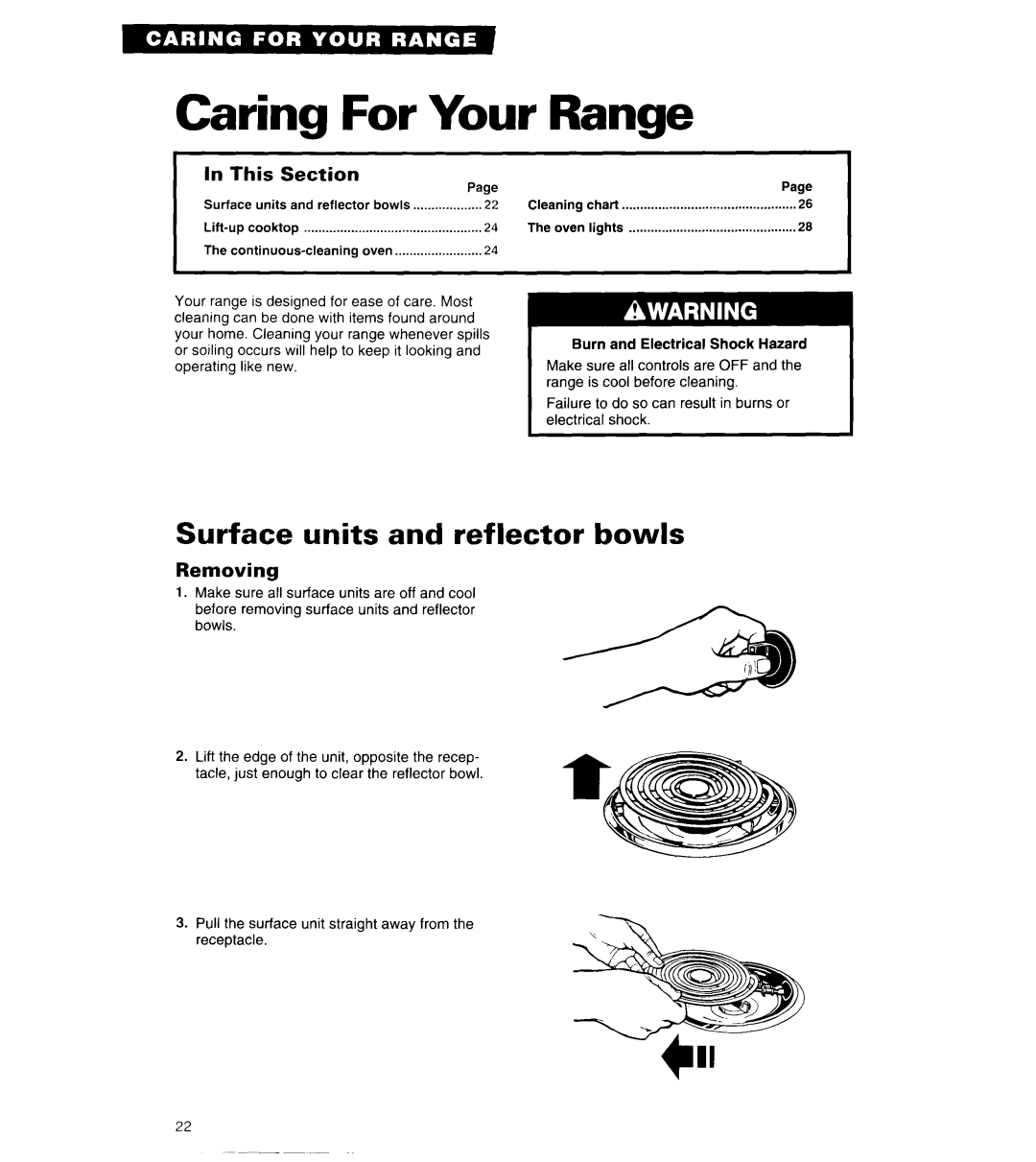Whirlpool RE960PXY important safety instructions Caring For Your Range, Surface units and reflector bowls 