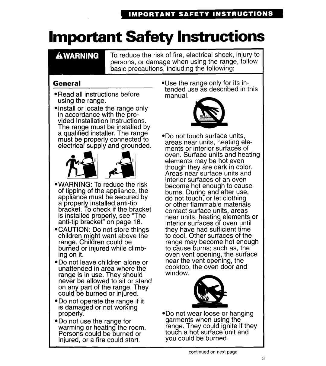 Whirlpool RE960PXY important safety instructions Important Safety Instructions 