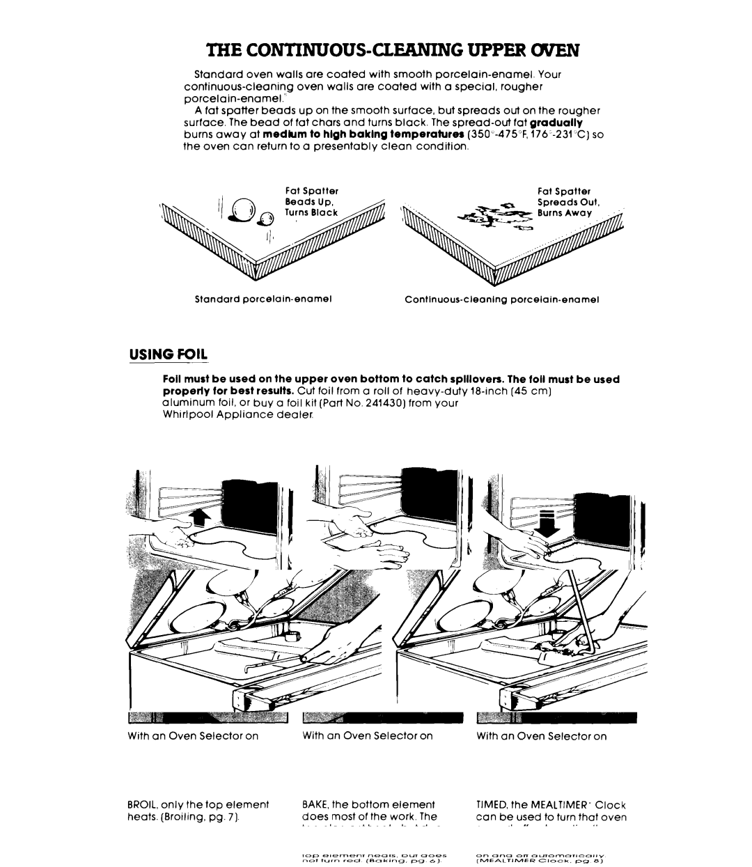 Whirlpool RE960PXK, RE963PXK CONTINUOUS-CLEANING Upper Cyven, Using Foil, Do not USE Foil in Lower SELF-CLEANING Oven 