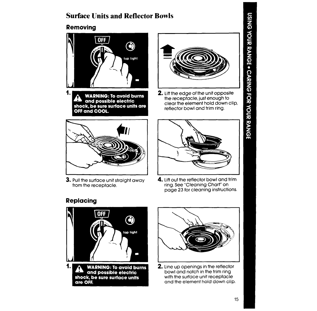 Whirlpool RE960PXV, RE963PXV manual Surface Units and Reflector Bowls, Removing, Replacing 
