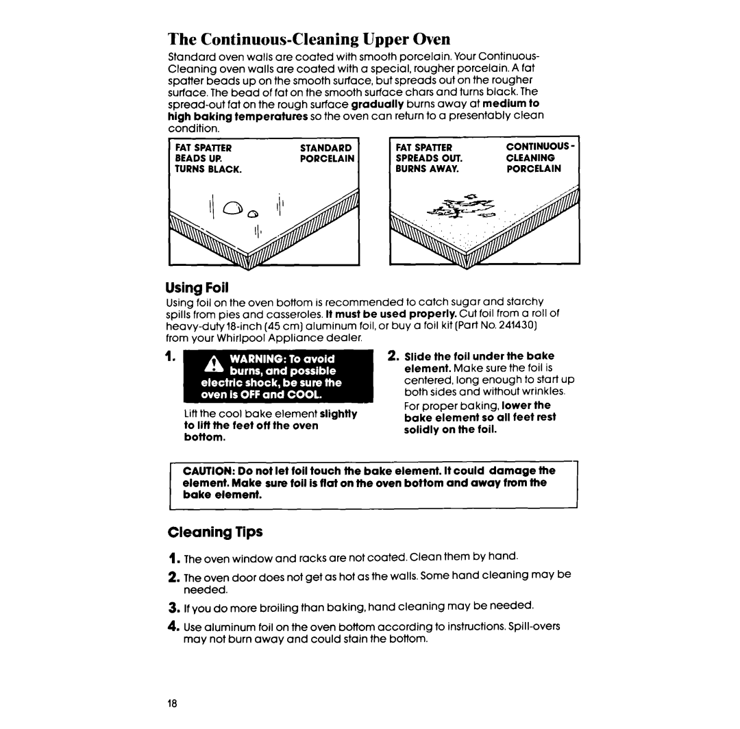 Whirlpool RE963PXV, RE960PXV manual Continuous-Cleaning Upper Oven, Using Foil, Cleaning Tips 