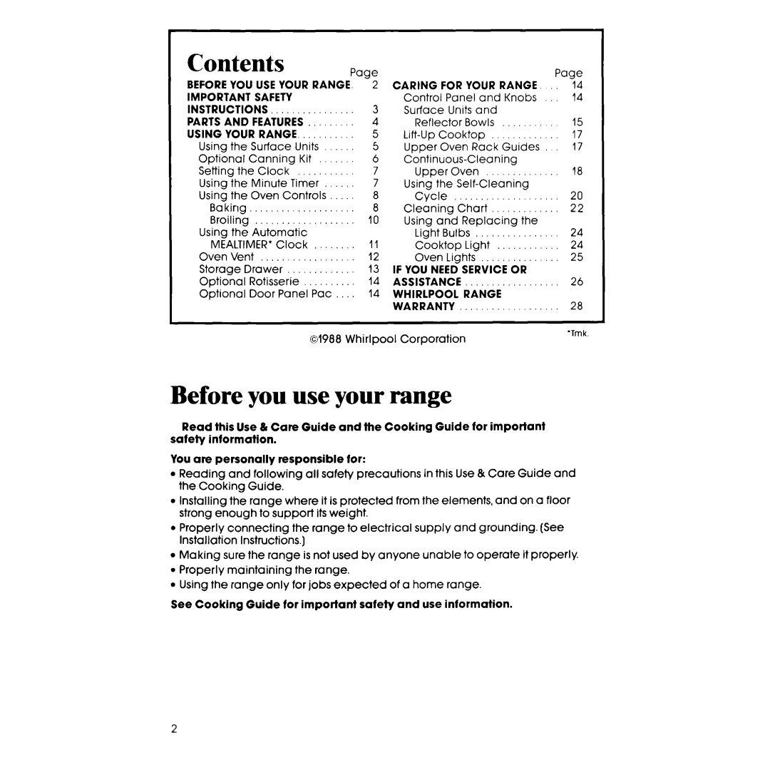 Whirlpool RE963PXV, RE960PXV manual Contents 