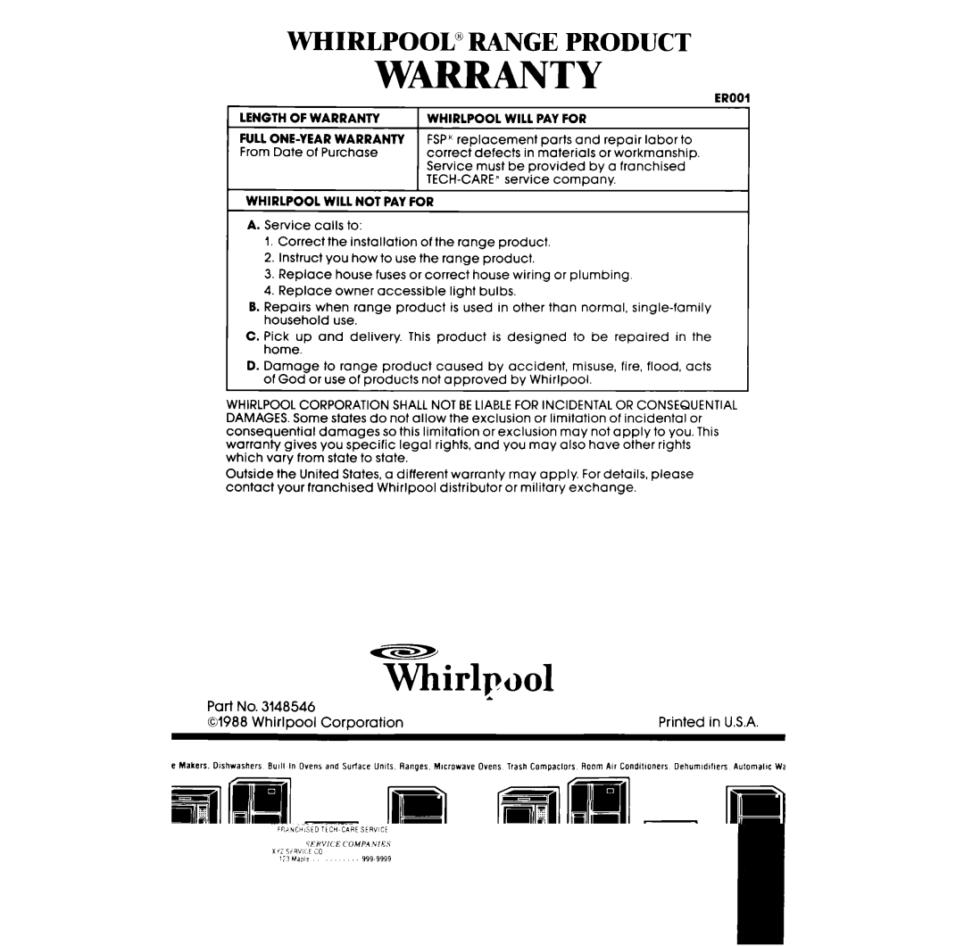 Whirlpool RE963PXV, RE960PXV manual Whirlpool Range Product 