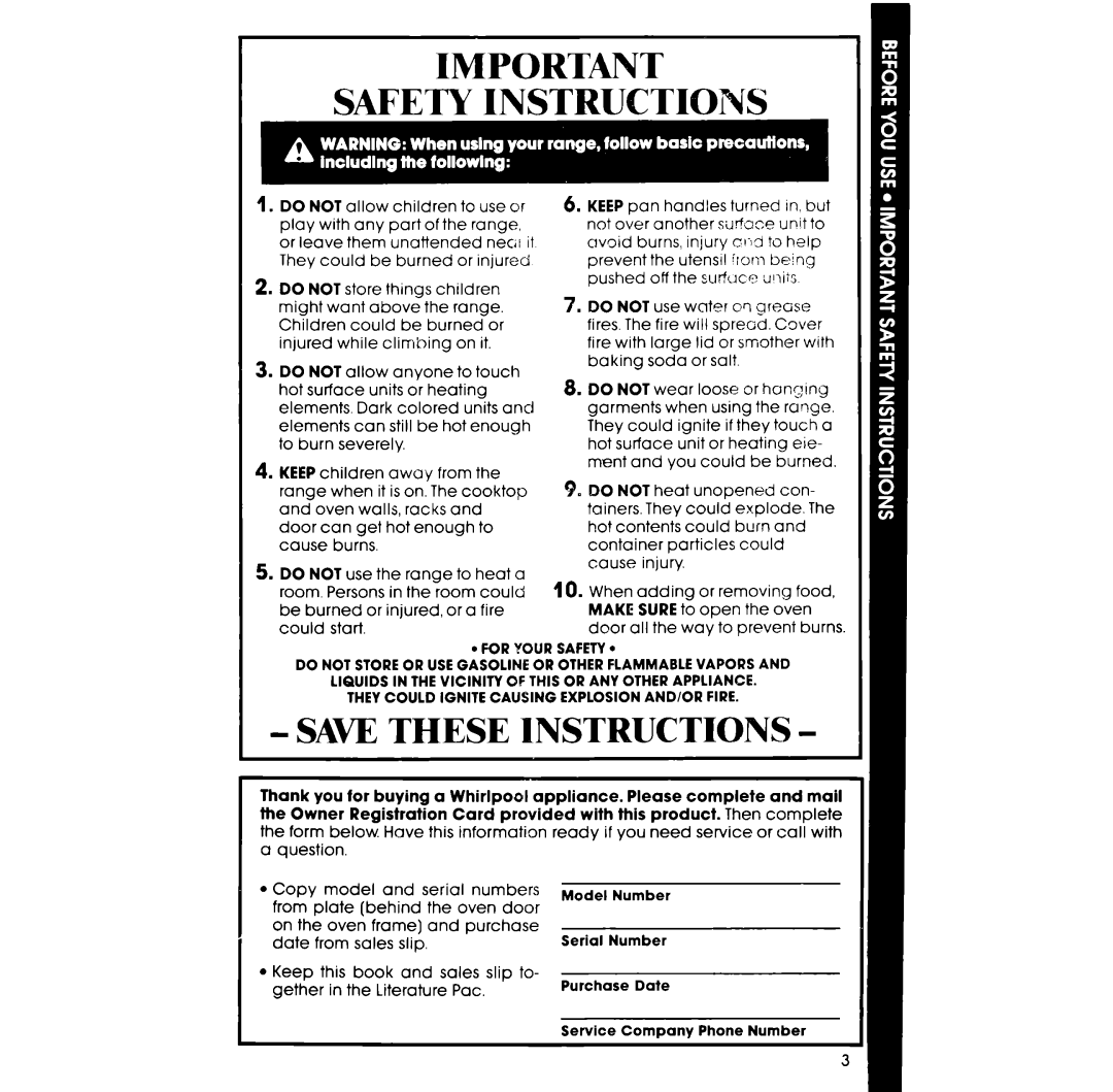 Whirlpool RE960PXV, RE963PXV manual Safety Instructions 