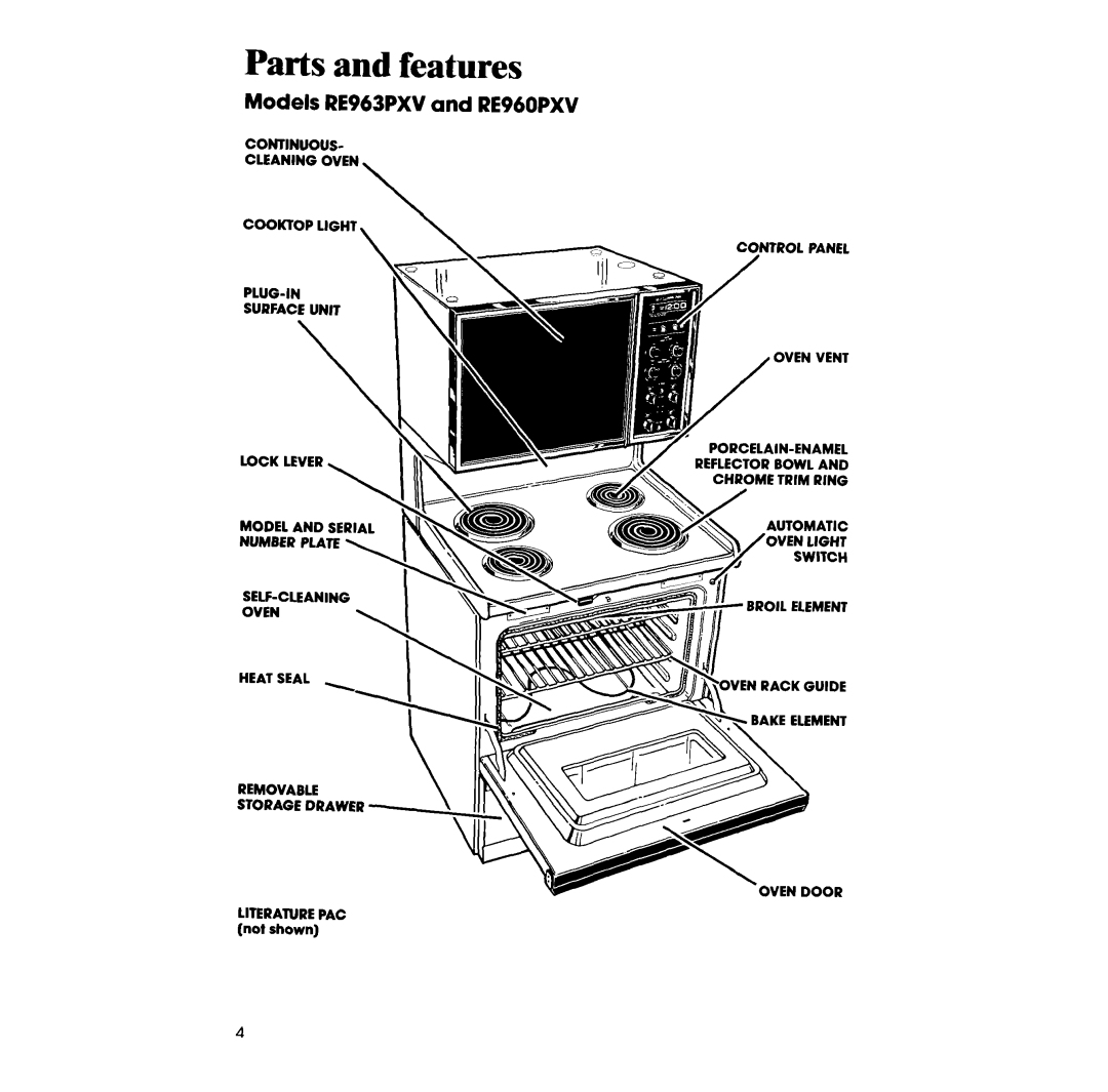 Whirlpool manual Parts and features, Models RE963PXV and RE960PXV 