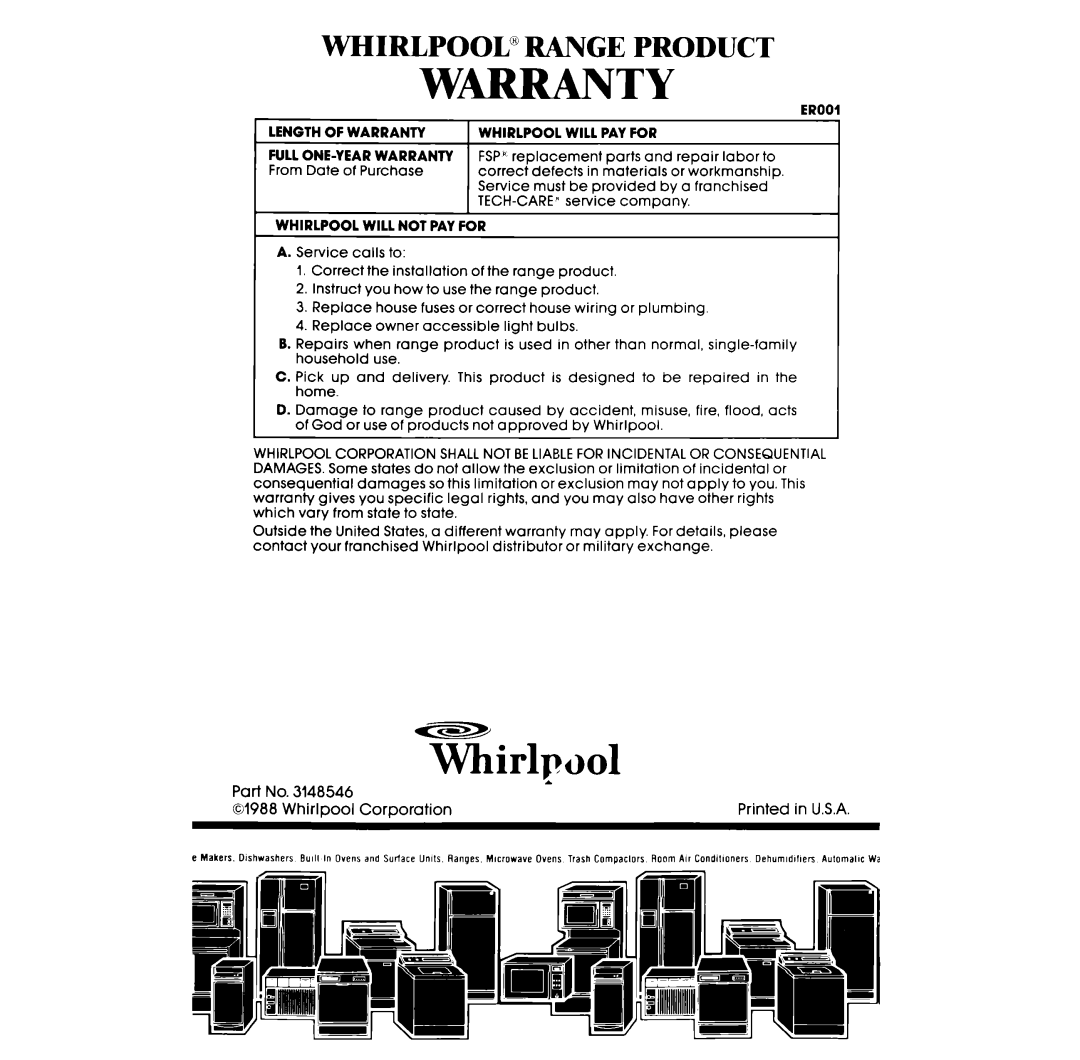 Whirlpool RE963PXV, RE960PXV manual W-Ty, Whirlpool” Range Product 