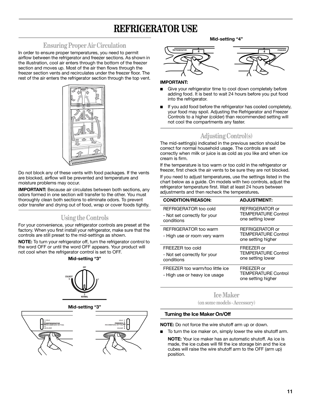 Whirlpool 2314183, 338 manual Refrigerator USE, EnsuringProperAirCirculation, UsingtheControls, AdjustingControls, IceMaker 