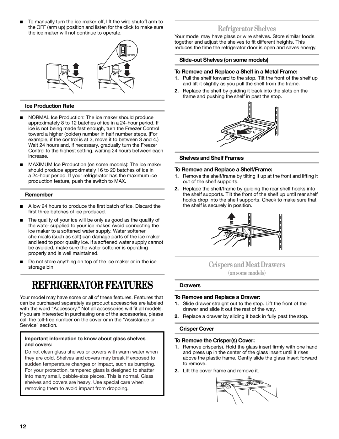 Whirlpool 338, 2314183 manual RefrigeratorShelves, Crispers andMeatDrawers 