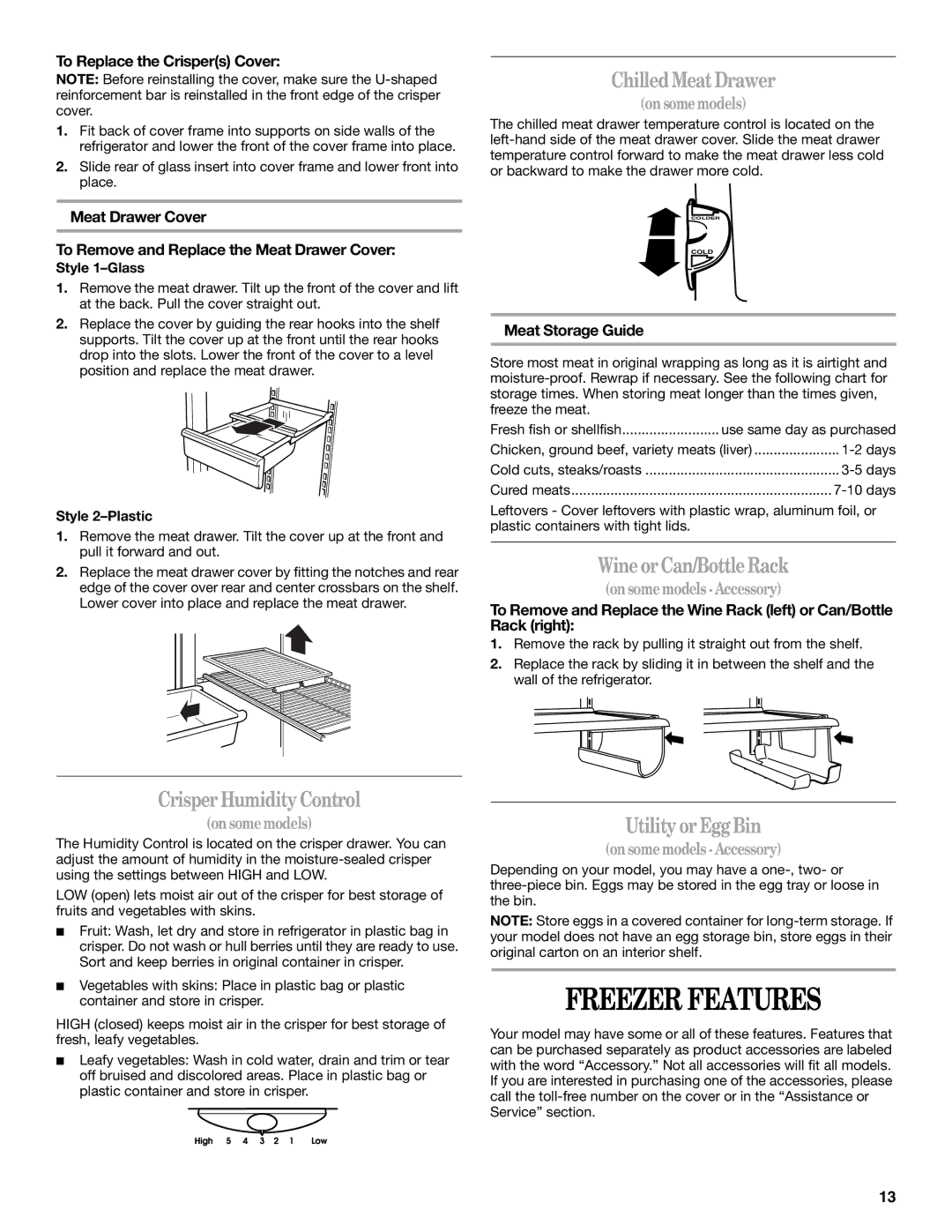 Whirlpool 338 manual Freezer Features, ChilledMeatDrawer, WineorCan/BottleRack, CrisperHumidityControl, Utility or EggBin 