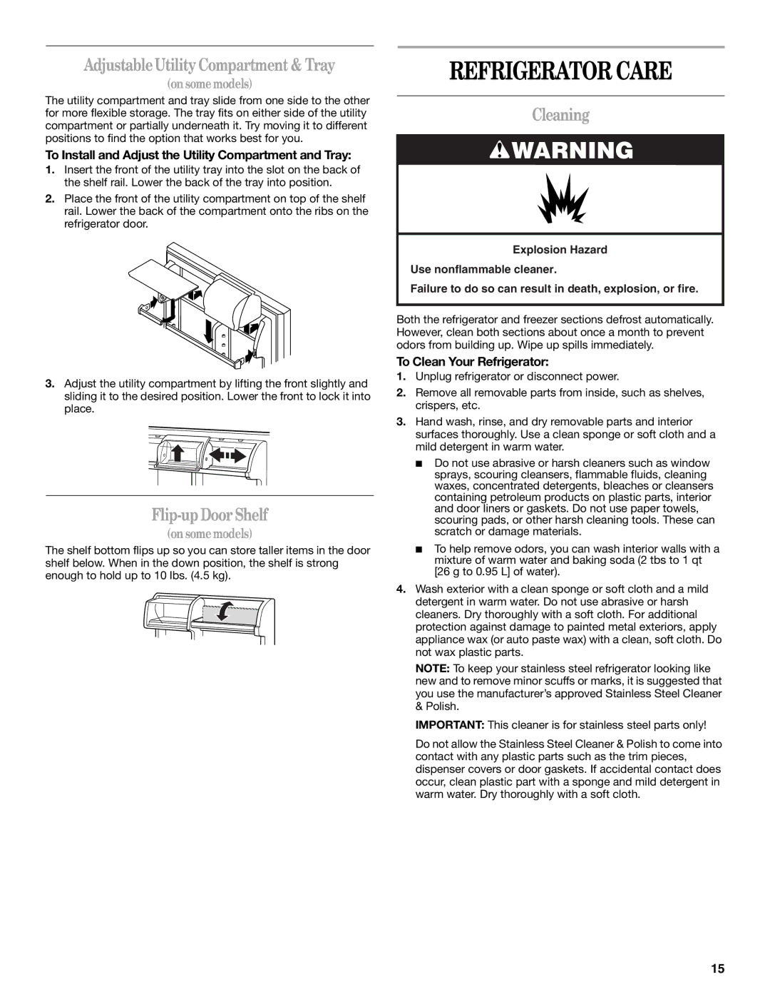 Whirlpool 338, 2314183 manual Refrigerator Care, AdjustableUtilityCompartment & Tray, Flip-upDoorShelf, Cleaning 