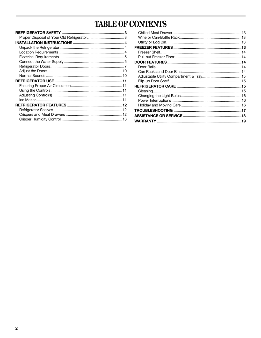 Whirlpool 2314183, Refrigerator, 338 manual Table of Contents 