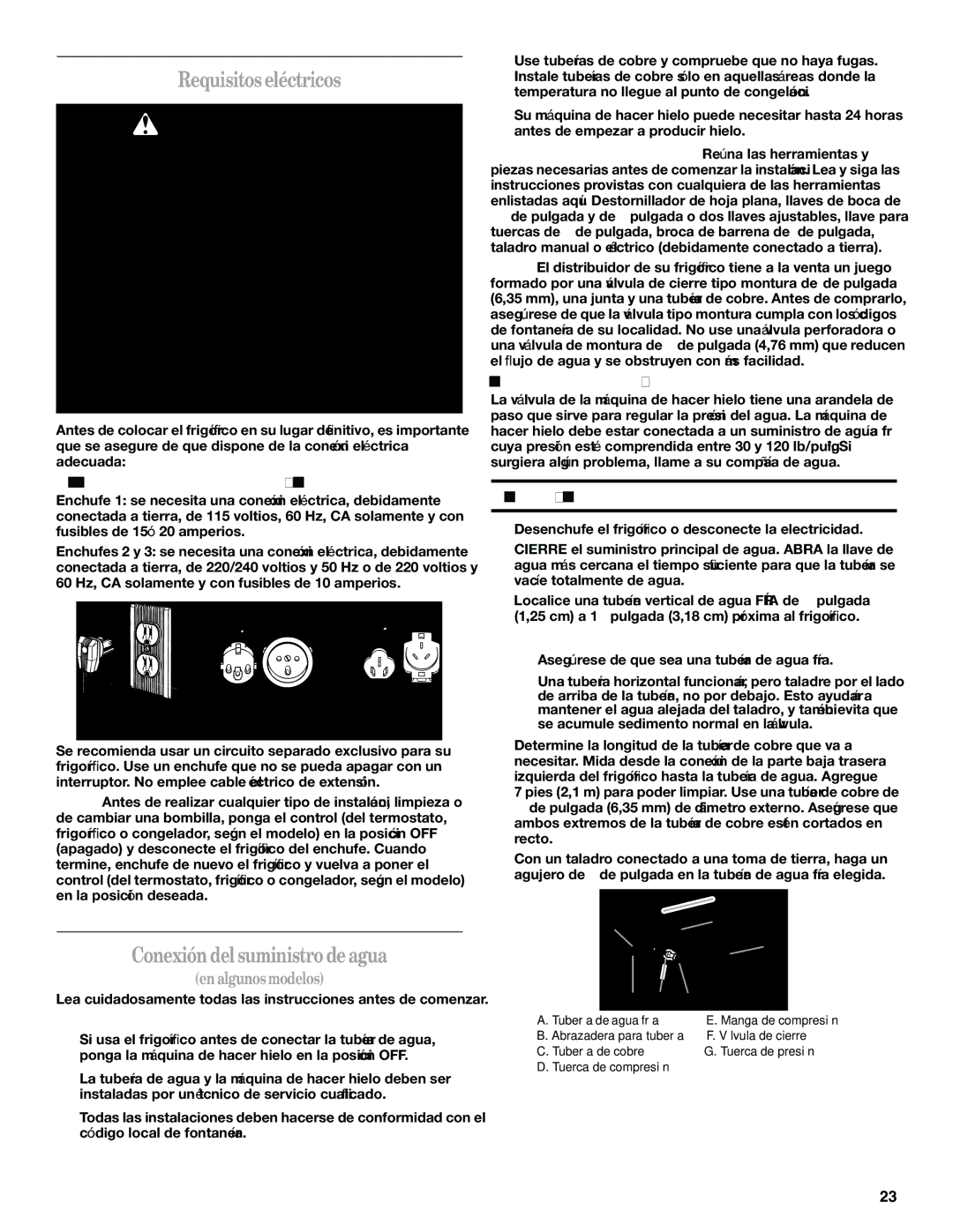 Whirlpool 2314183, Refrigerator Requisitoseléctricos, Conexióndelsuministrodeagua, Método recomendado de conexión a tierra 