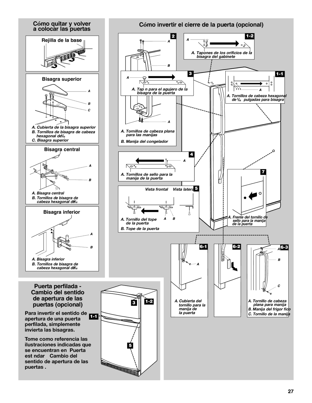 Whirlpool Refrigerator, 338, 2314183 manual Cómo invertir el cierre de la puerta opcional 