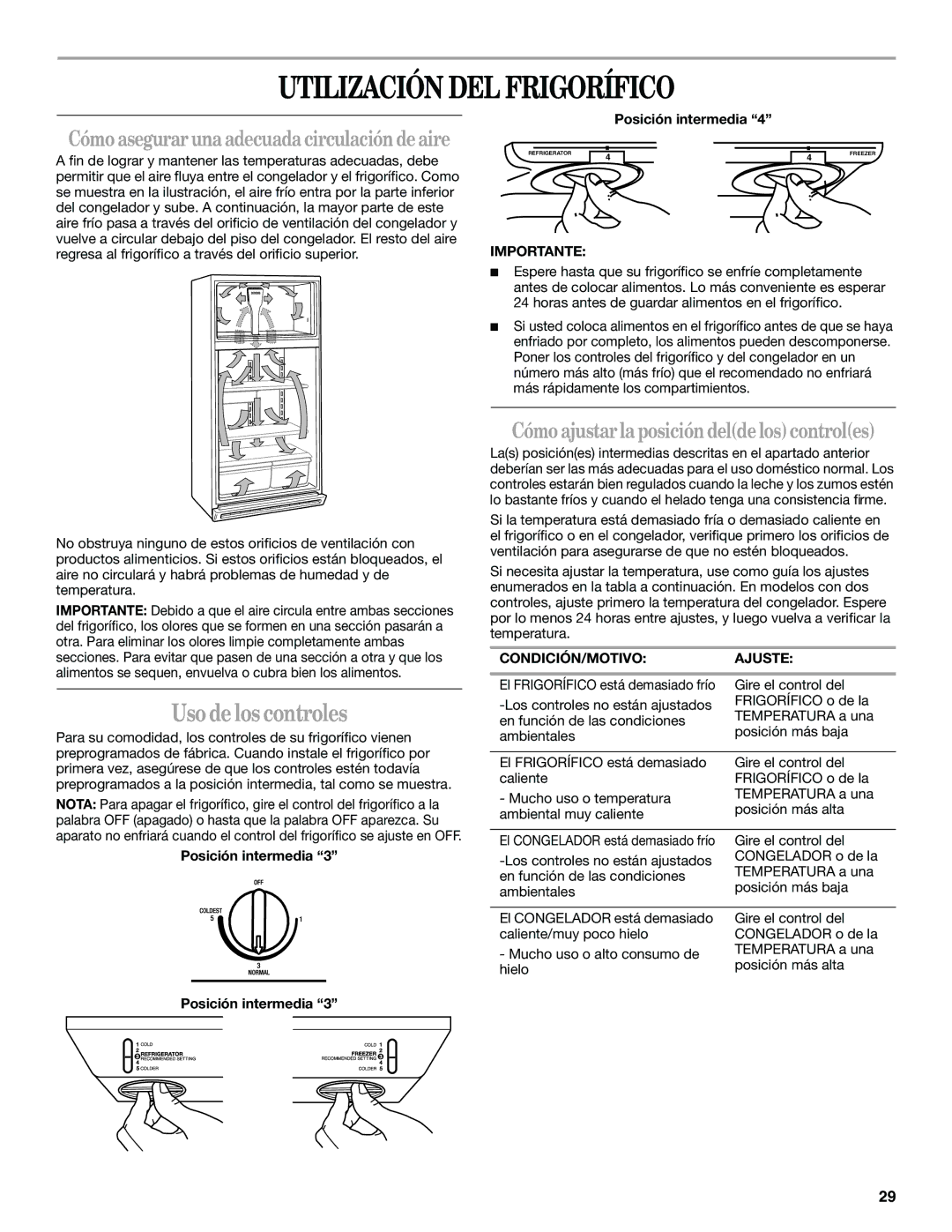 Whirlpool 2314183, Refrigerator Utilización DEL Frigorífico, Cómoajustarlaposicióndeldeloscontroles, Posición intermedia 