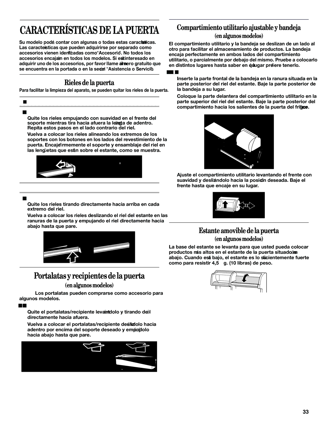 Whirlpool Refrigerator, 338, 2314183 Rielesdelapuerta, Compartimientoutilitarioajustableybandeja, Estanteamovibledelapuerta 