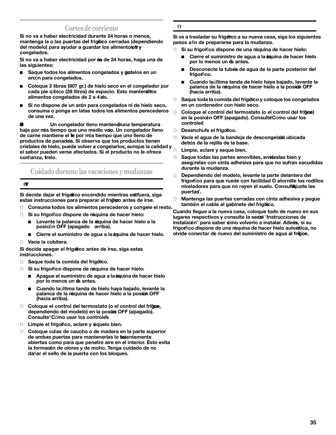 Whirlpool 2314183, Refrigerator, 338 manual Cortesdecorriente, Cuidadodurantelasvacacionesymudanzas, Vacaciones, Mudanza 