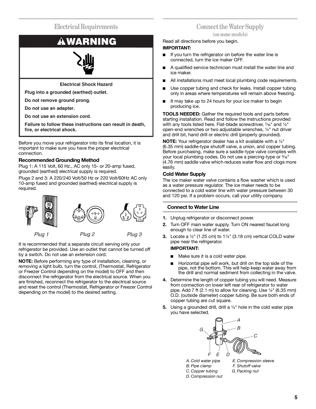 Whirlpool 2314183, 338 Electrical Requirements, ConnecttheWaterSupply, Recommended Grounding Method, Cold Water Supply 