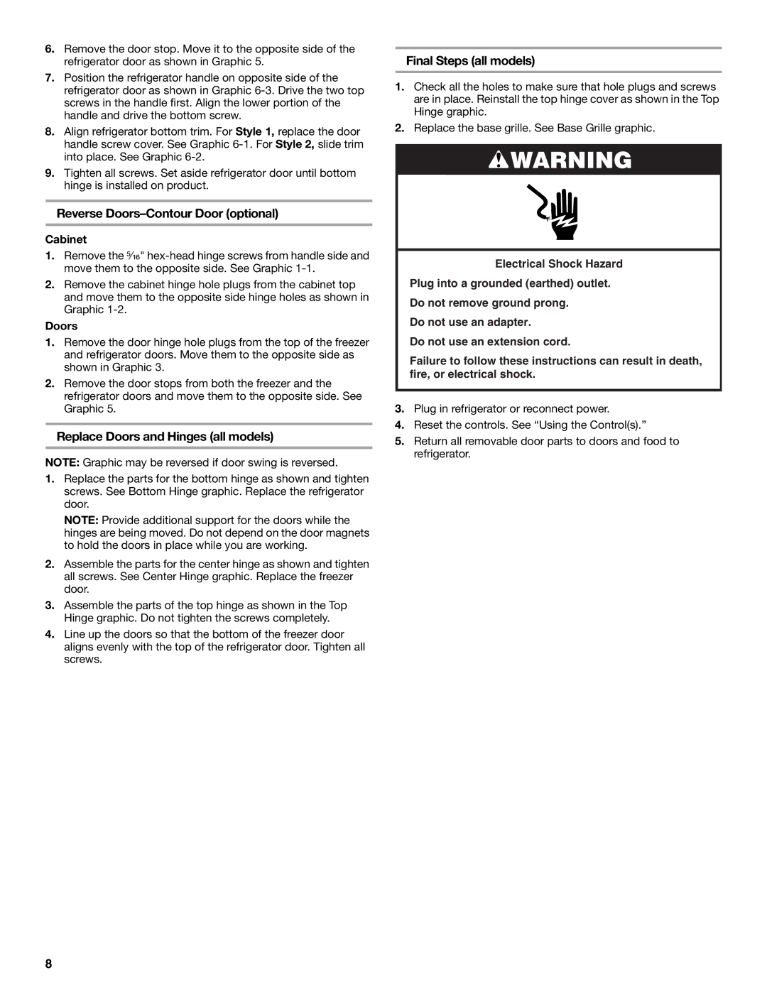 Whirlpool 2314183, 338 Reverse Doors-Contour Door optional, Replace Doors and Hinges all models, Final Steps all models 