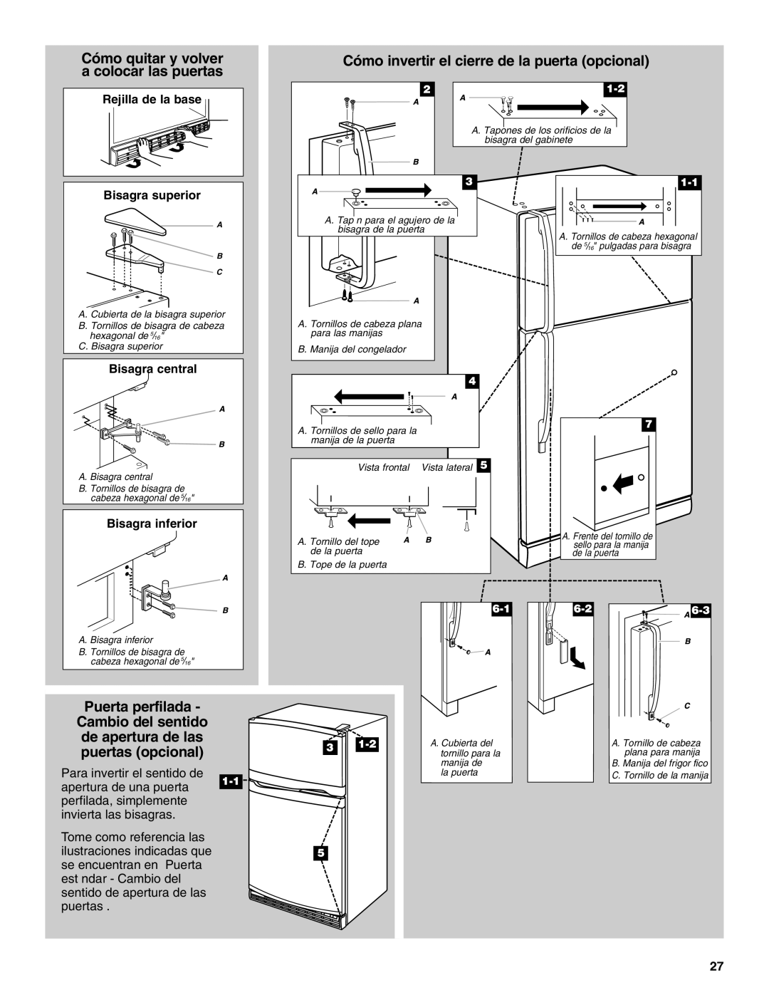 Whirlpool Refrigerator, 338, 2314183 manual Cómo invertir el cierre de la puerta opcional, Puerta perfilada, Bisagra inferior 