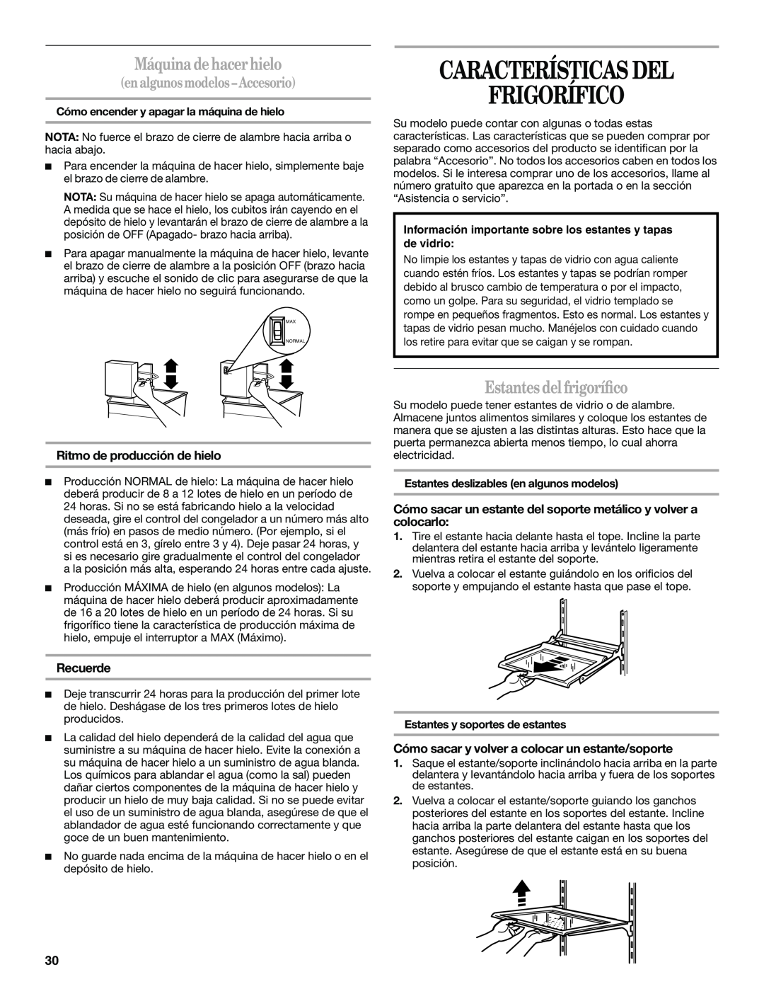 Whirlpool Refrigerator, 338, 2314183 Características Del Frigorífico, Máquinadehacerhielo, Estantesdelfrigoríﬁco, Recuerde 