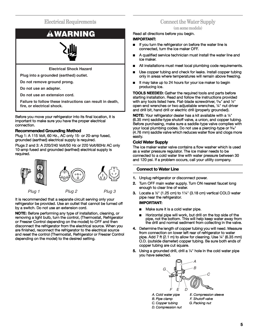 Whirlpool 2314183 Electrical Requirements, ConnecttheWaterSupply, onsomemodels, Recommended Grounding Method, Plug, G F E 