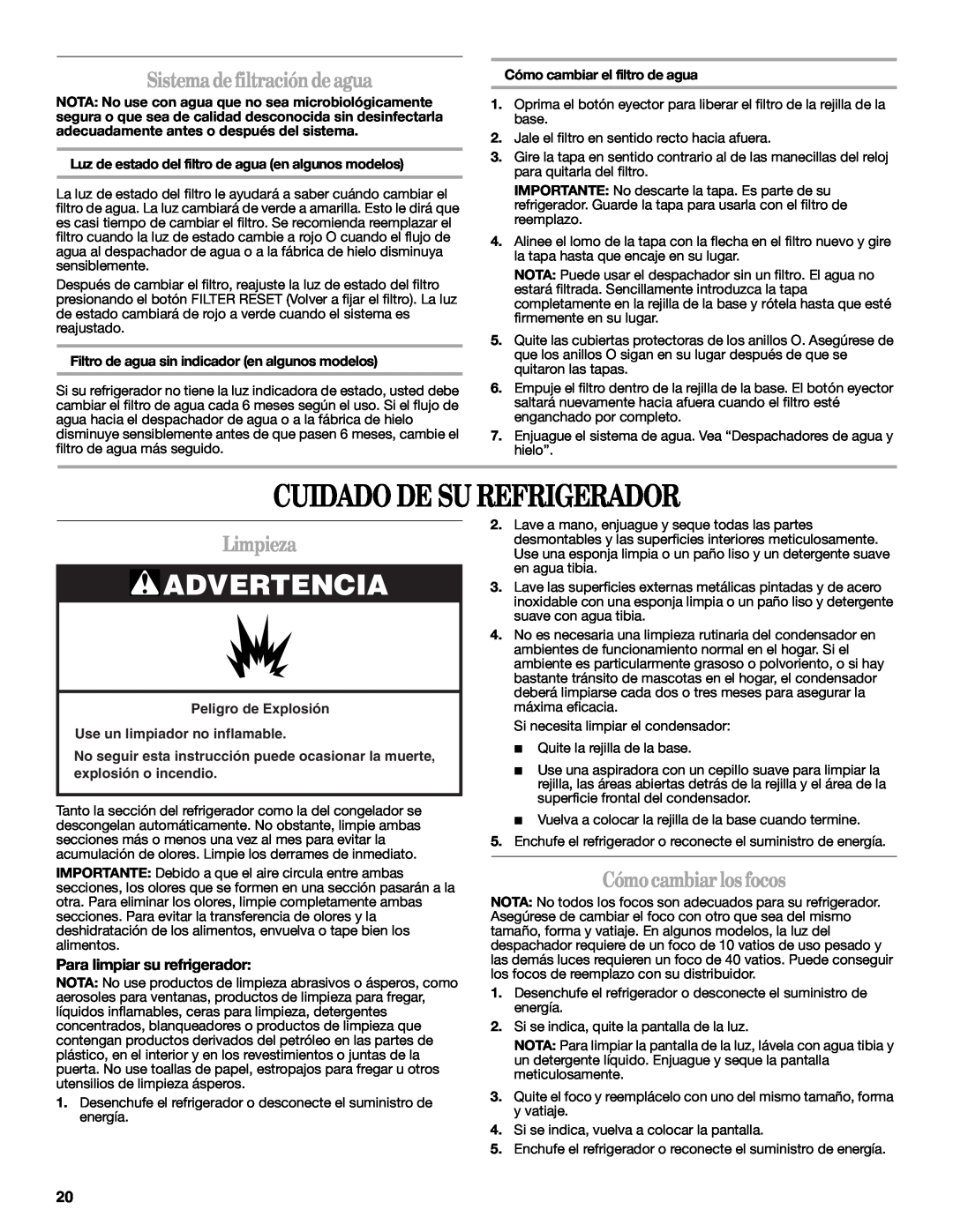 Whirlpool REFRIGERATOR USE & CARE GUIDE Cuidado De Su Refrigerador, Sistemadefiltracióndeagua, Limpieza, Advertencia 