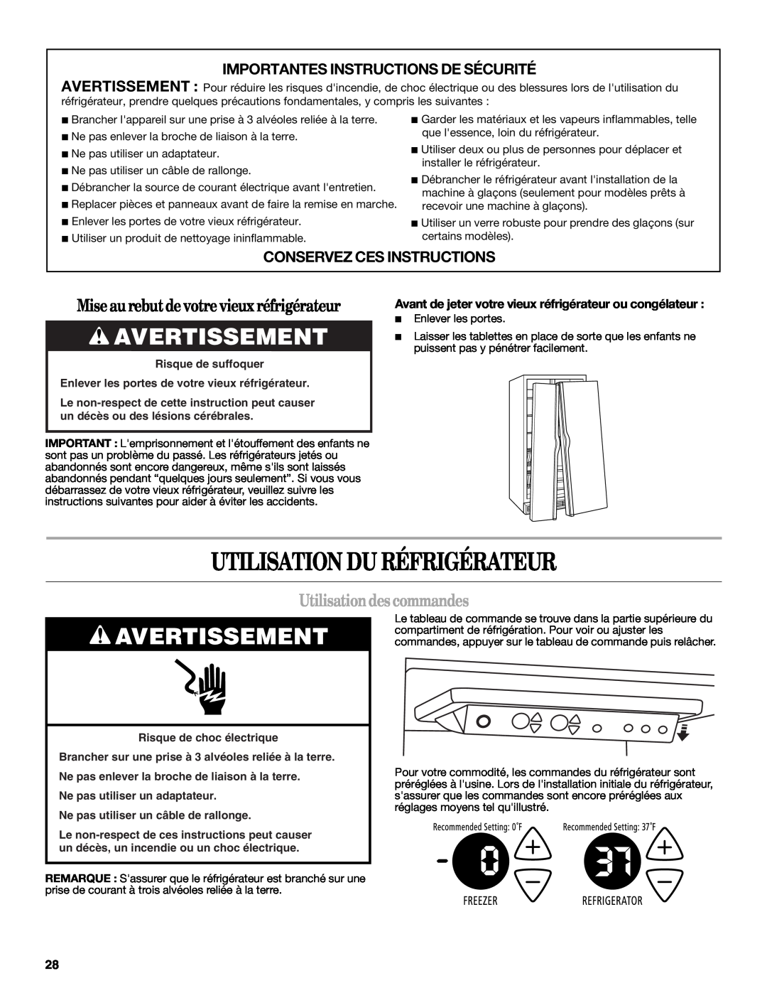 Whirlpool REFRIGERATOR USE & CARE GUIDE Utilisation Du Réfrigérateur, Avertissement, Miseau rebutdevotrevieuxréfrigérateur 