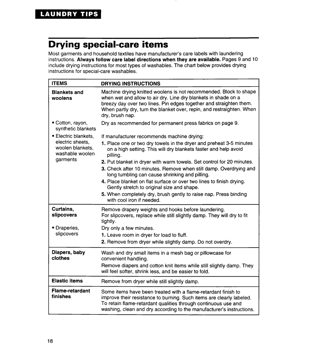 Whirlpool REL3612BW2 warranty Drying special-care items, Items, Drying Instructions 