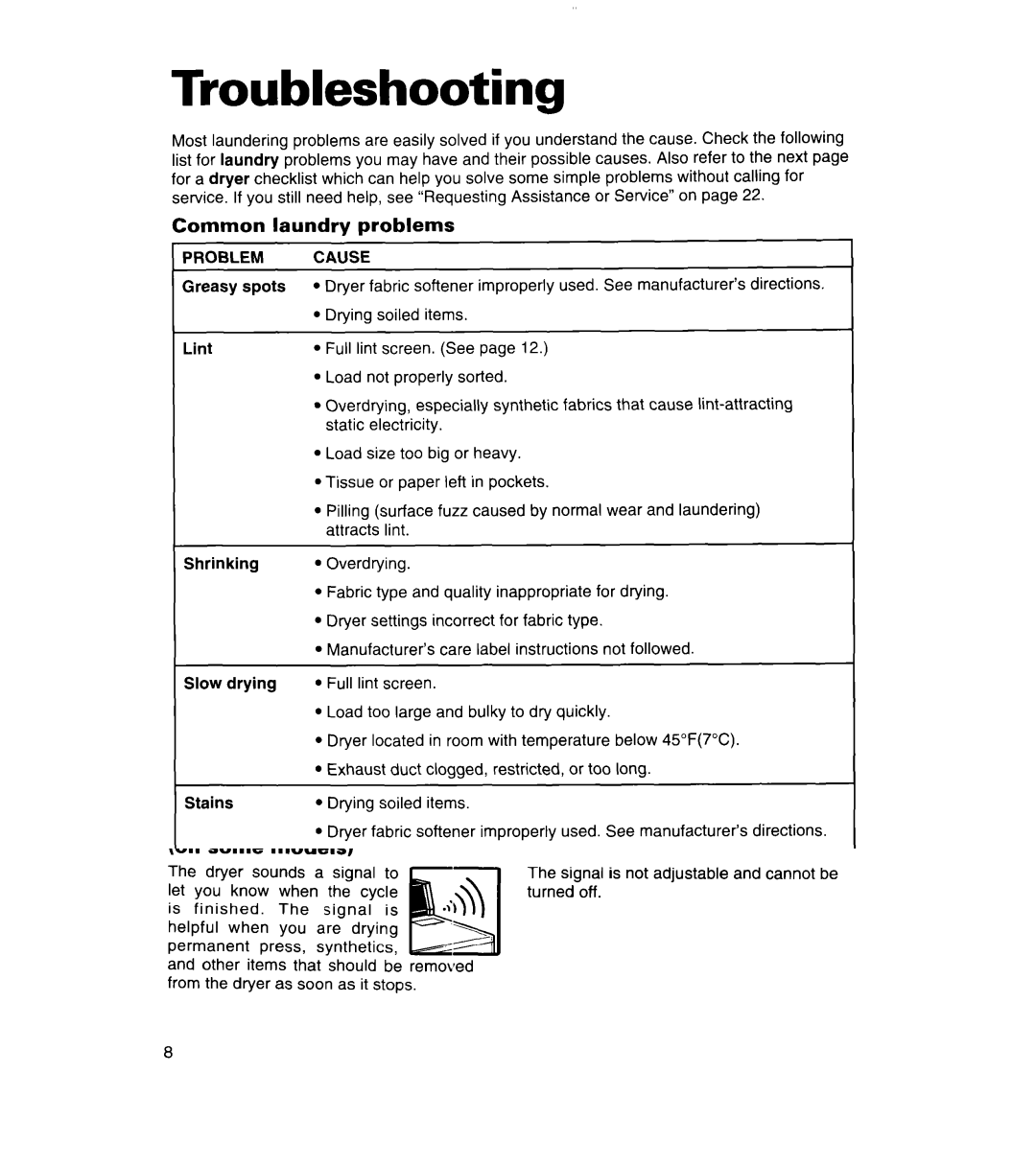 Whirlpool REL3612BW2 warranty Troubleshooting, Common laundrv problems, Problem Cause 