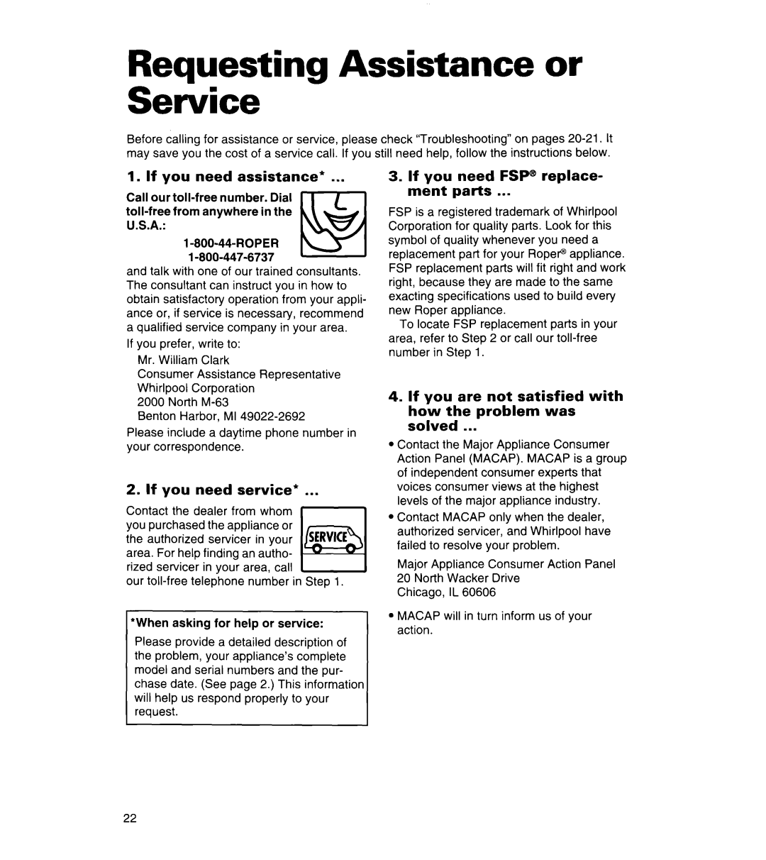 Whirlpool REL3612BW2 warranty Reauestina Assistance or, If you need assistance, If you need service 