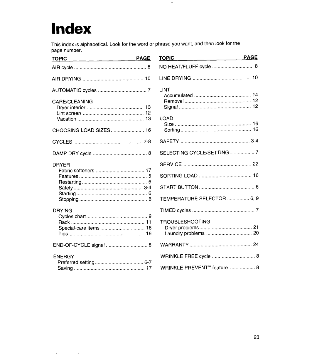 Whirlpool REL3612BW2 warranty Index 