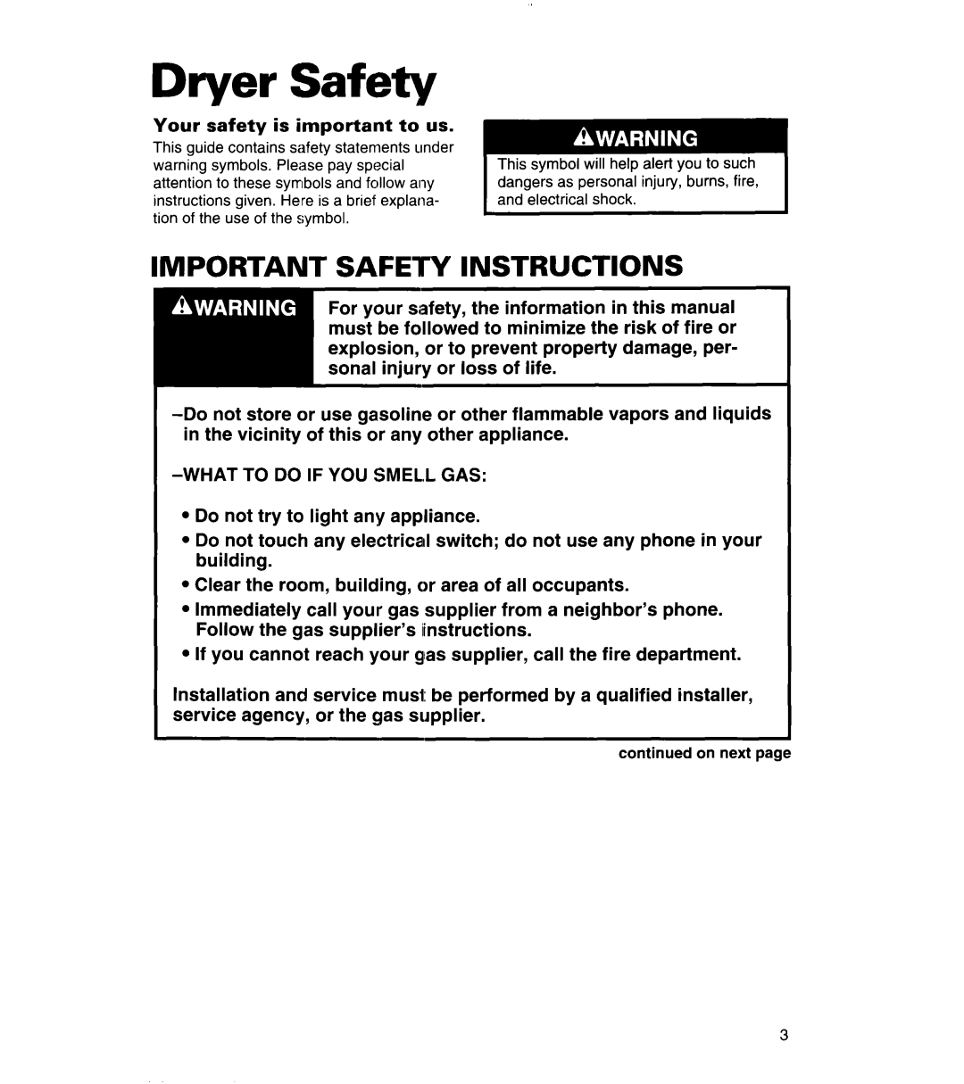 Whirlpool REL3612BW2 warranty Dryer Safety, Your safety is important to us 