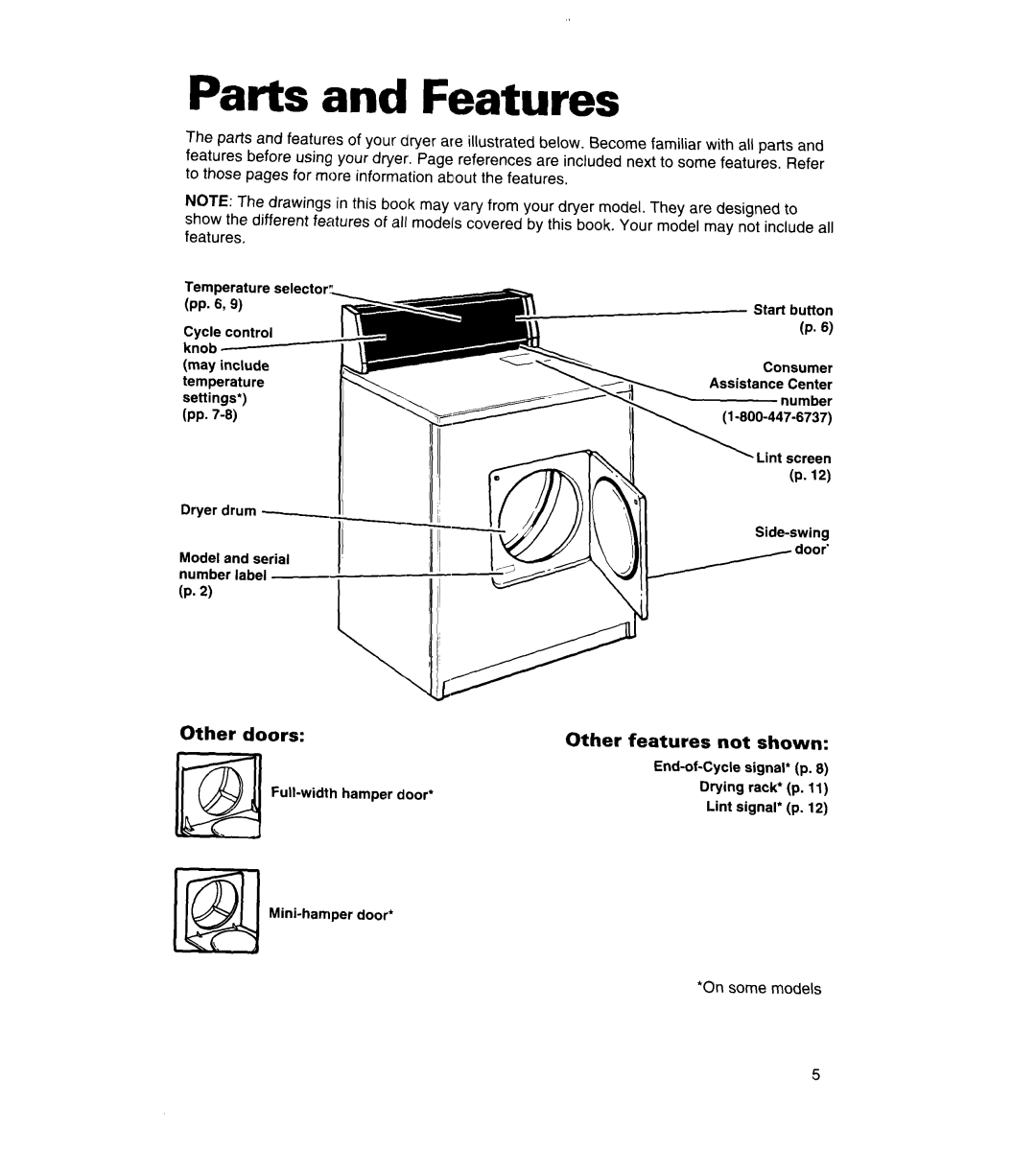 Whirlpool REL3612BW2 warranty Parts and Features, Other doors Other features Not 