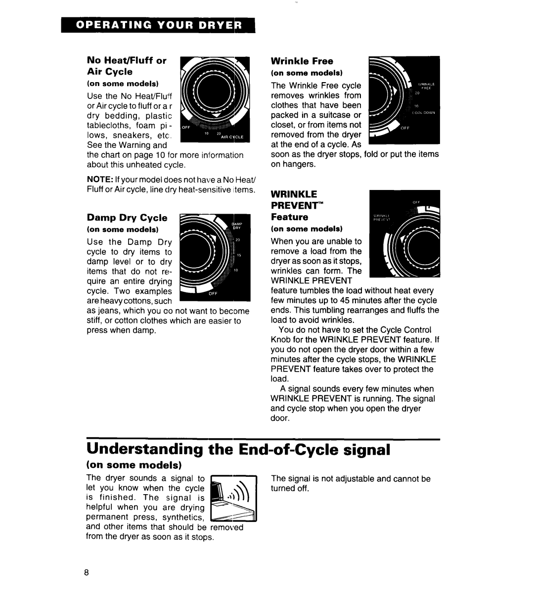 Whirlpool REL3612BW2 warranty Understanding the End-of-Cycle signal, On some models, Wrinkle Prevent 