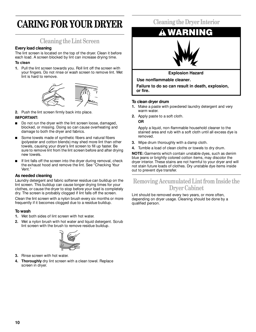 Whirlpool REX3614JW0 manual Cleaning the Lint Screen, Cleaning the Dryer Interior, Dryer Cabinet 