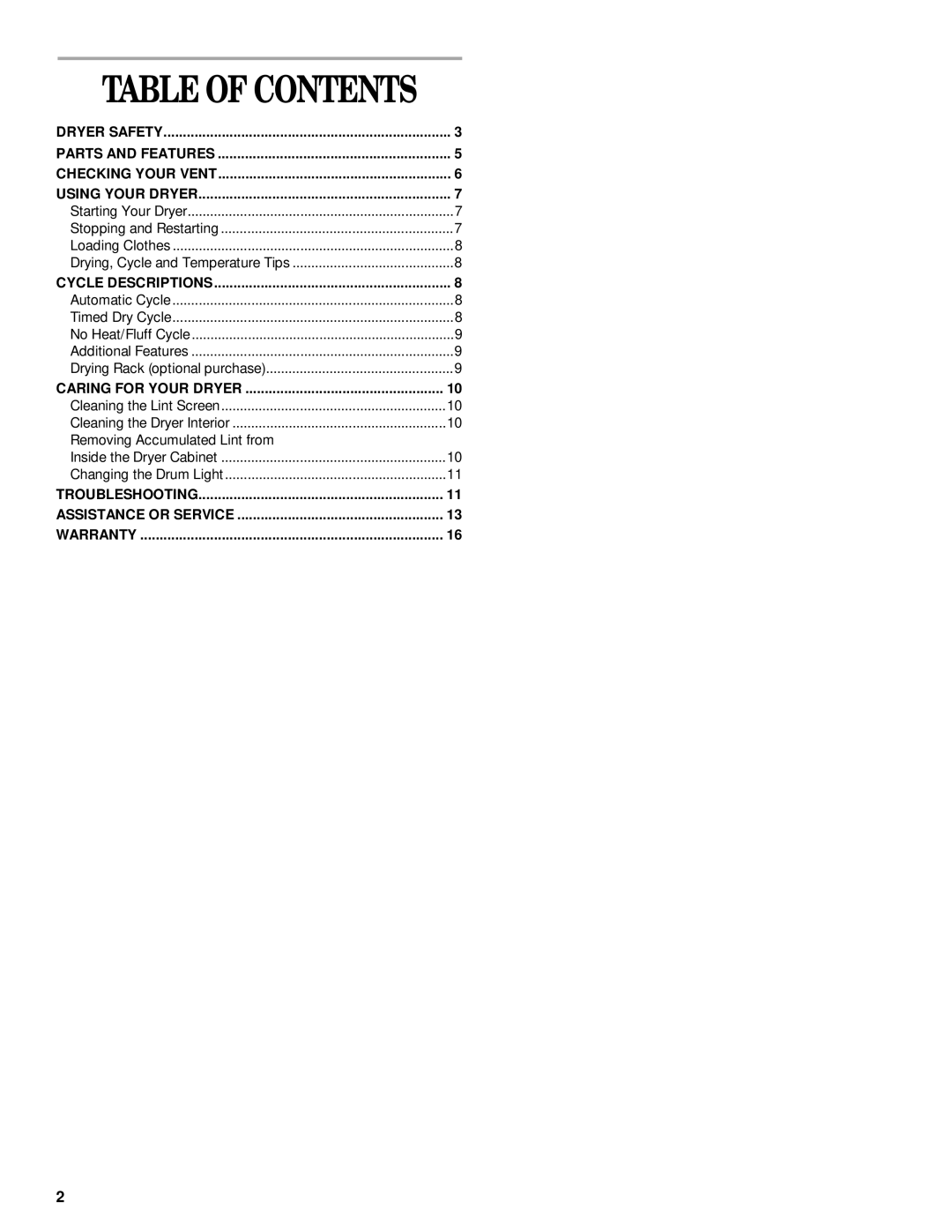 Whirlpool REX3614JW0 manual Table of Contents 