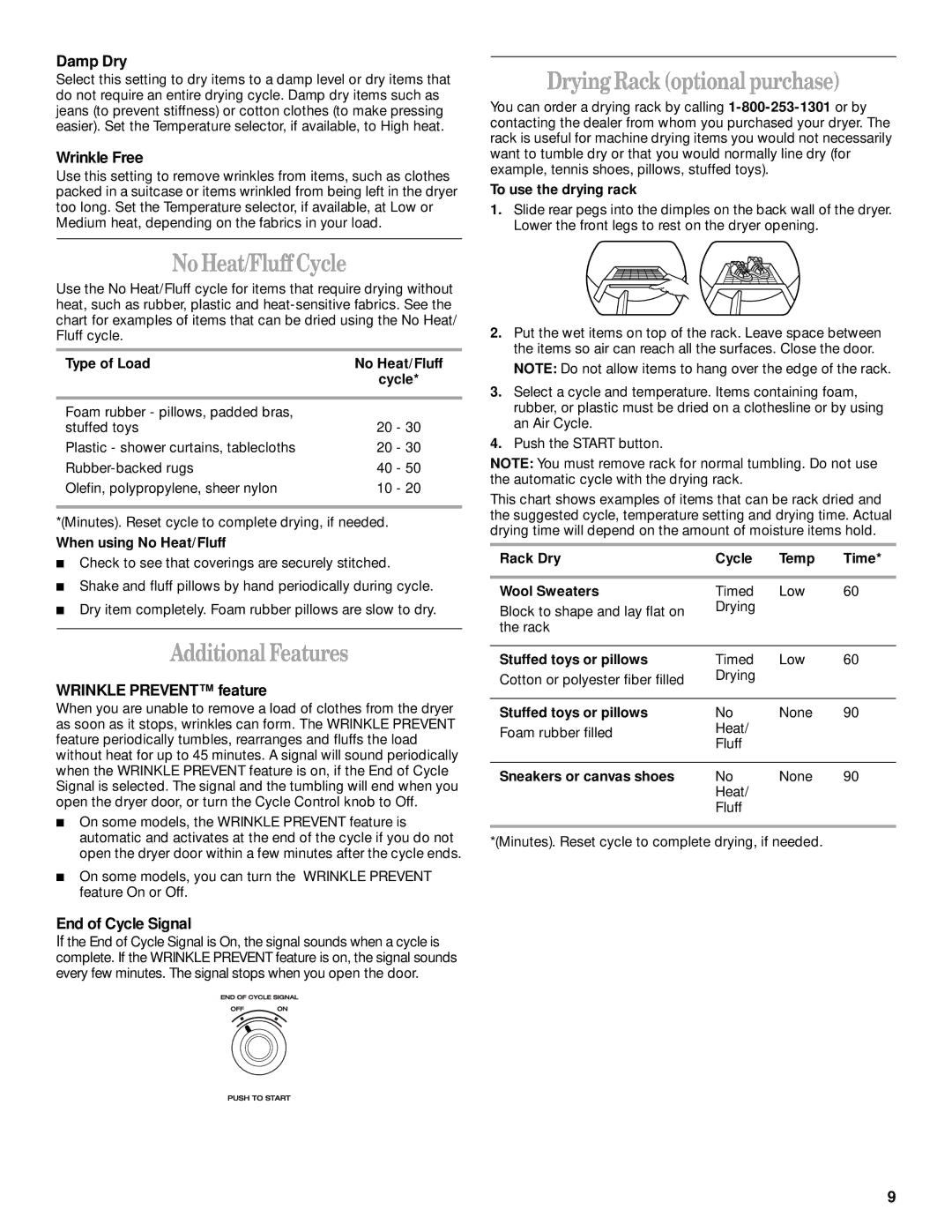 Whirlpool REX3614JW0 manual Drying Rack optional purchase, No Heat/Fluff Cycle, Additional Features 