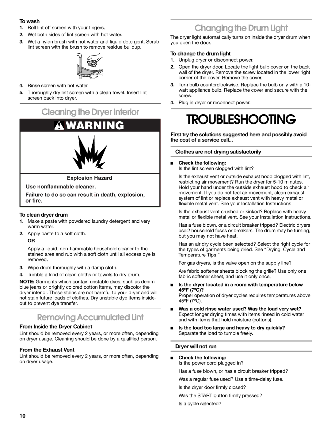 Whirlpool REX3614KW0 Troubleshooting, Cleaning the Dryer Interior, Removing Accumulated Lint, Changing the Drum Light 