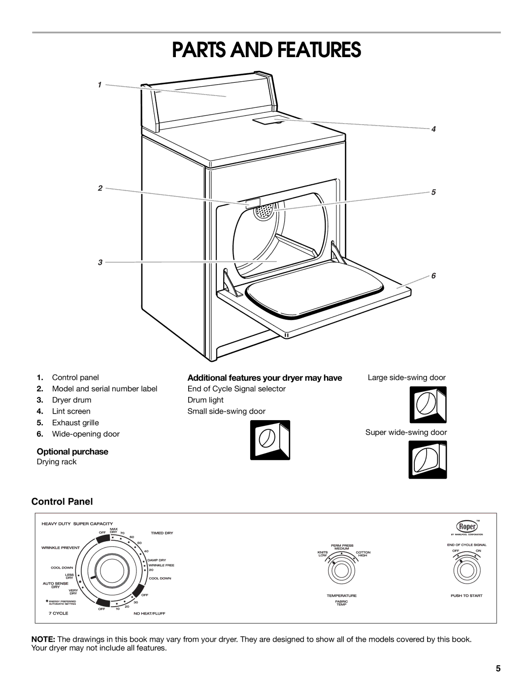 Whirlpool REX3614KW0 manual Parts and Features, Optional purchase, Additional features your dryer may have 