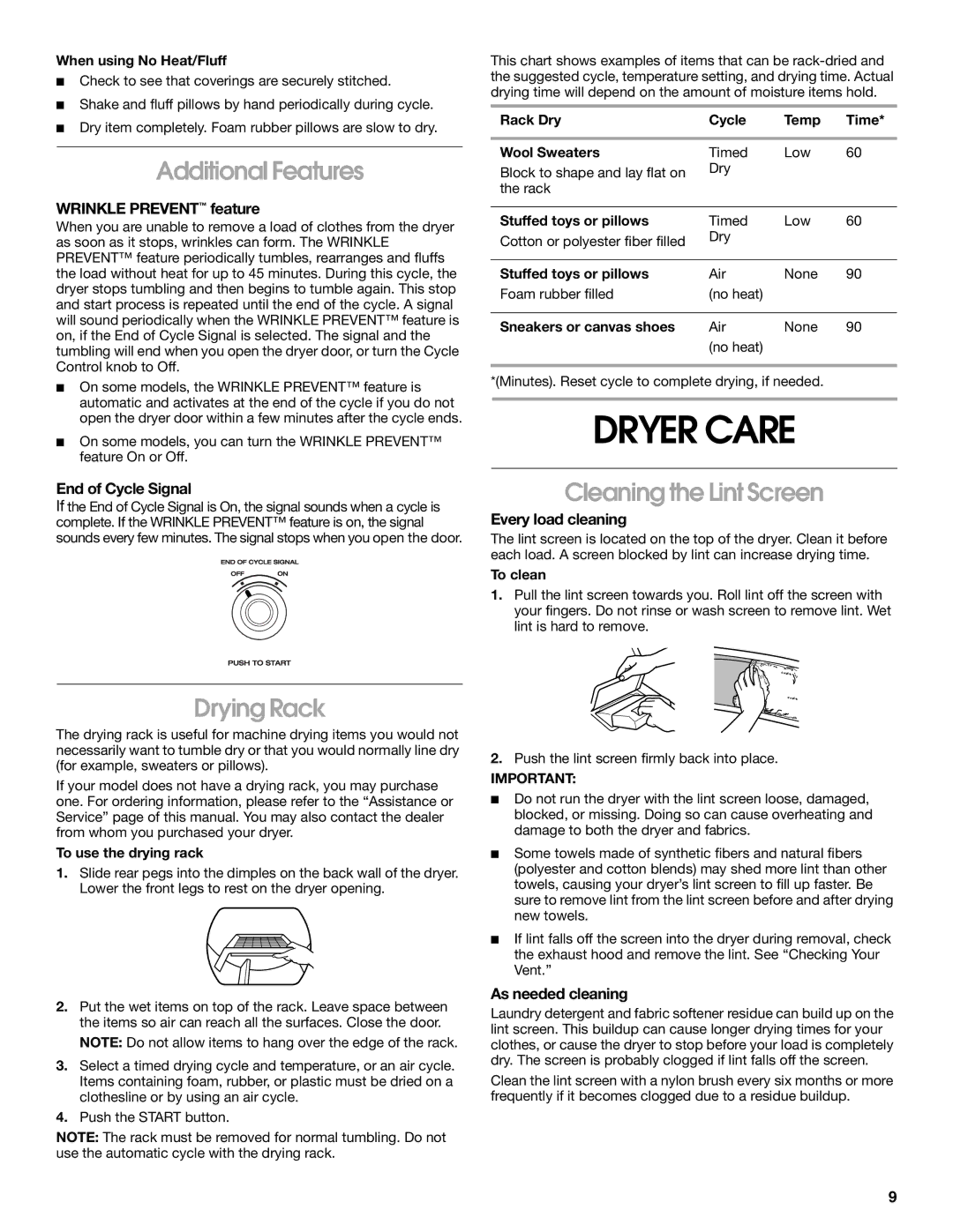 Whirlpool REX3614KW0 manual Dryer Care, Additional Features, Drying Rack, Cleaning the Lint Screen 