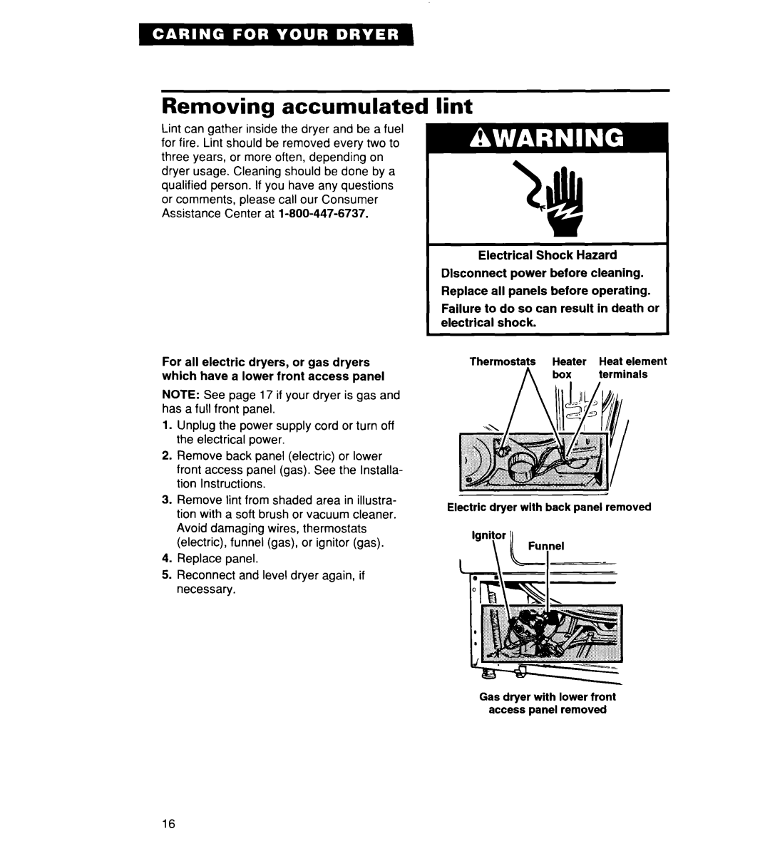 Whirlpool REX3615EW0 warranty Removing accumulated, Lint 