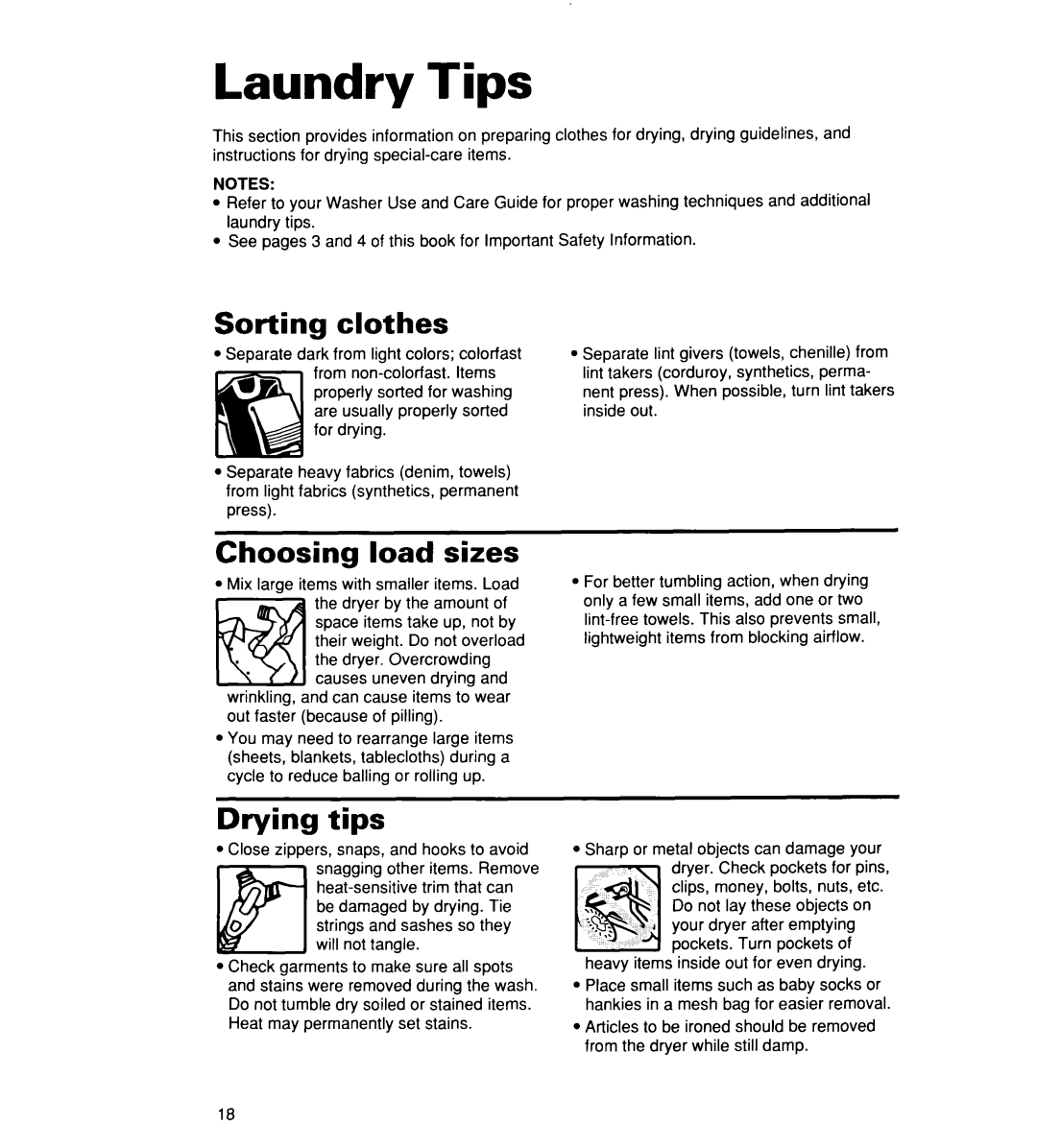 Whirlpool REX3615EW0 warranty Laundry Tips, Sorting clothes, Choosing load sizes, Drying tips 