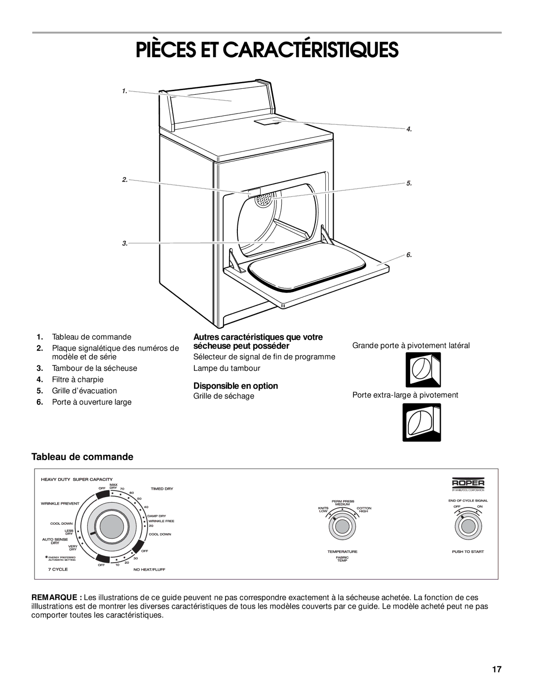 Whirlpool REX4634JQ0 manual Pièces ET Caractéristiques, Autres caractéristiques que votre Sécheuse peut posséder 